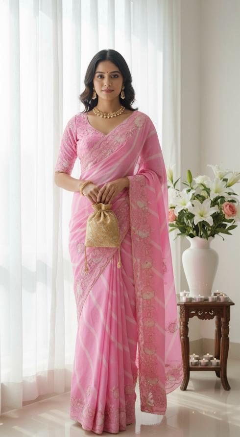 Bright Pink Embroidered Saree