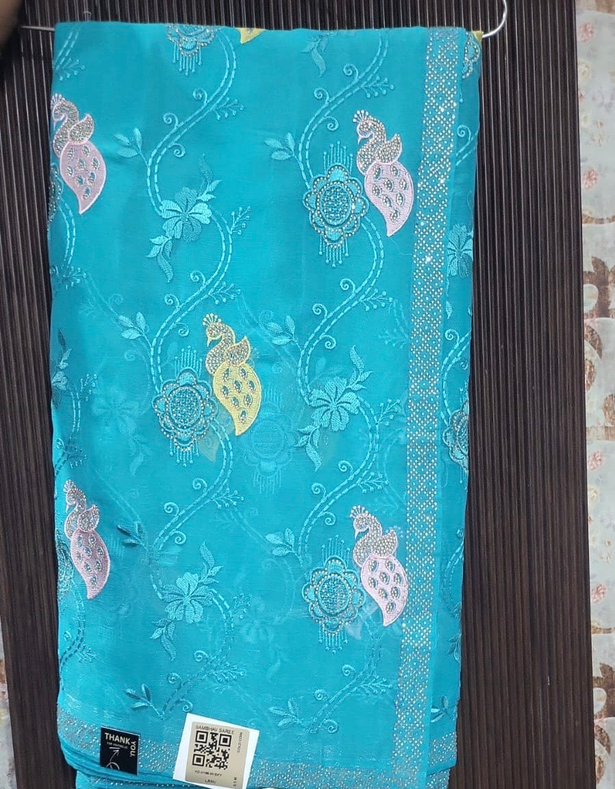 Organza Saree with Pastel Paisley & Floral Embroidery