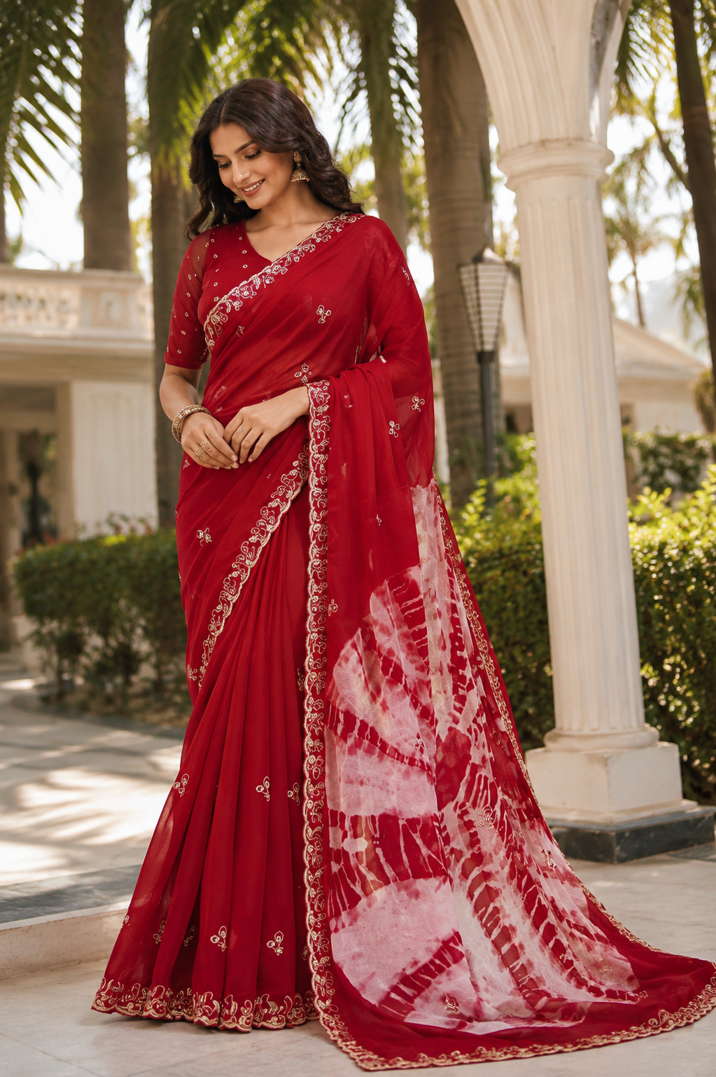 Embroidered Tie-Dye Chiffon Saree
