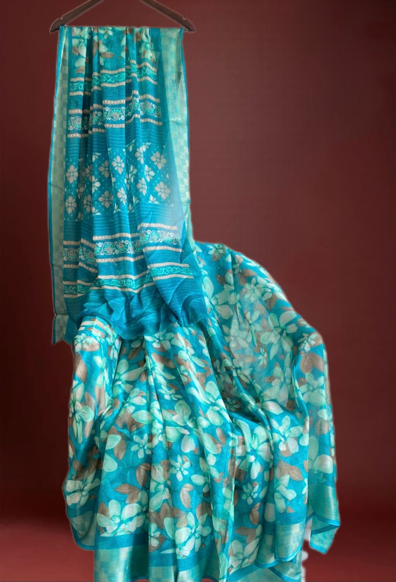 Floral Saree with Golden Checkered Border