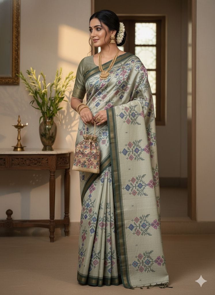 Linen Blend Saree with Woven Floral Motifs