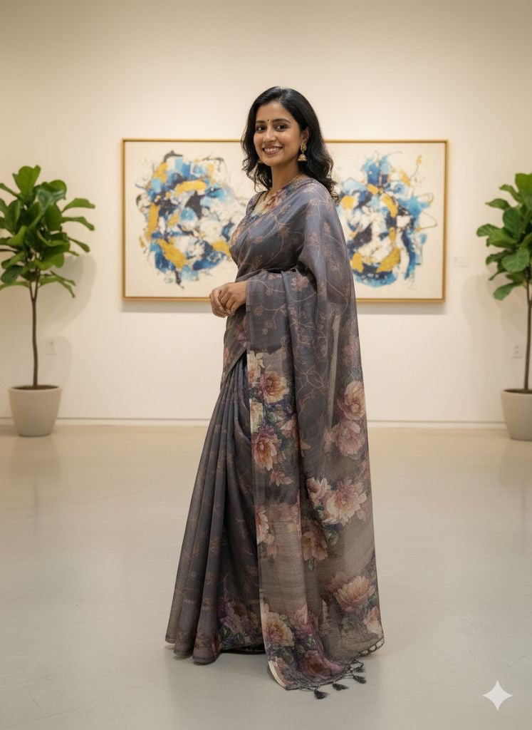 Organza Satin Saree with Digital Floral Print
