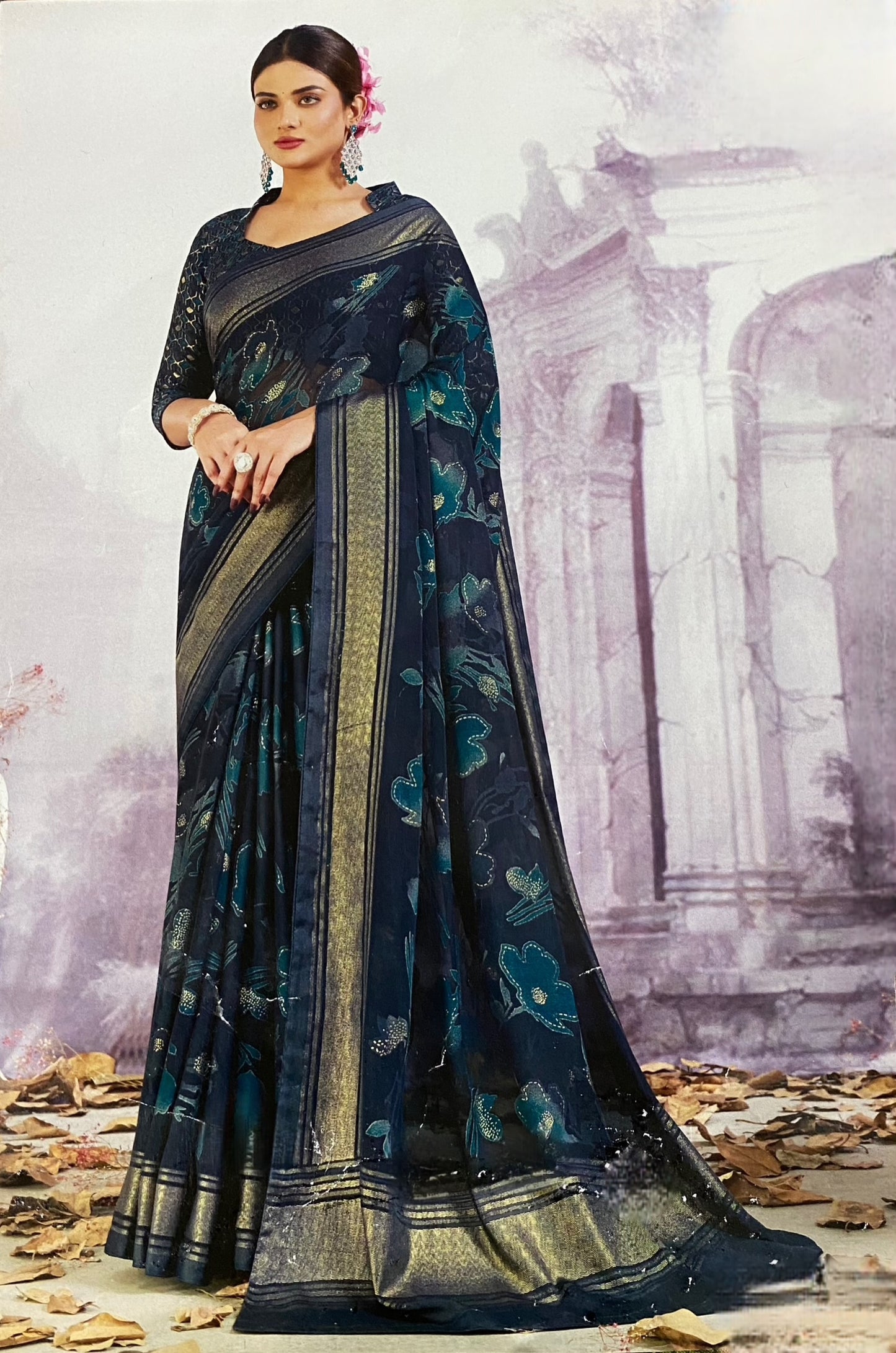 Midnight Blue Banarasi Silk Saree with Intricate Zari & Floral Weave