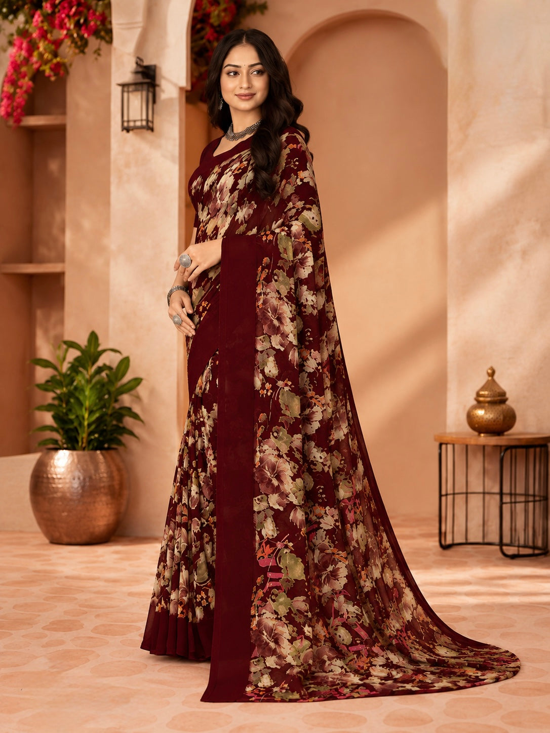 Crimson Bloom Floral Saree