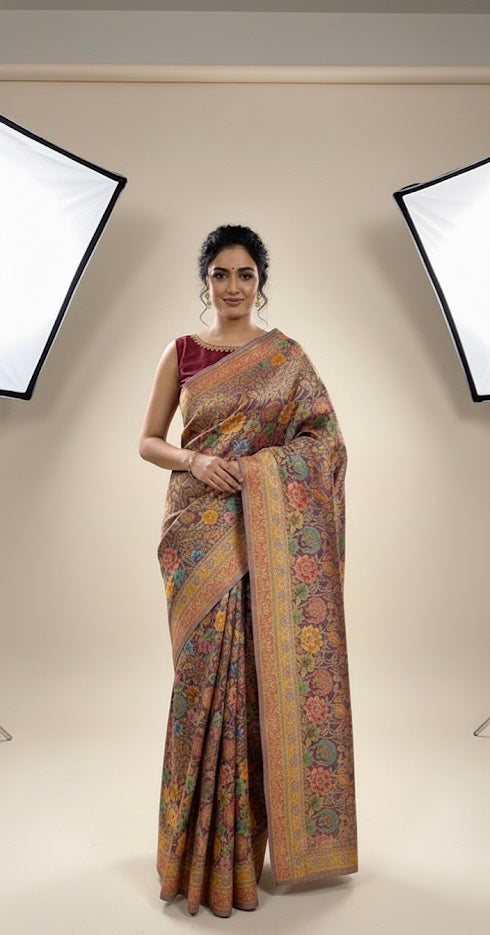 Multicolor Banarasi Weave Silk Saree with Floral Motifs & Antique Border