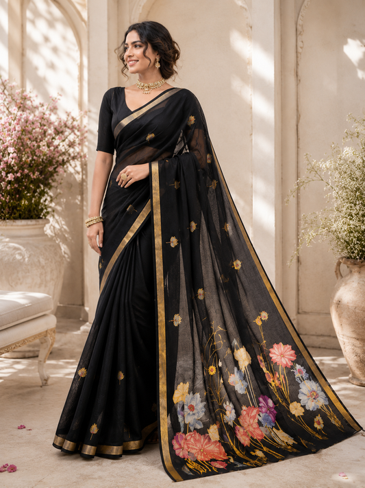 Black Floral Printed Organza Saree