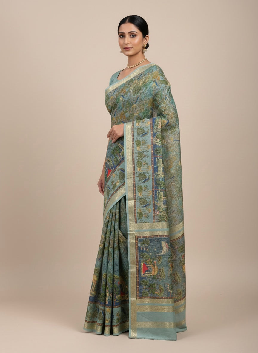 Printed Silk-Blend Saree with Artistic Motif Border