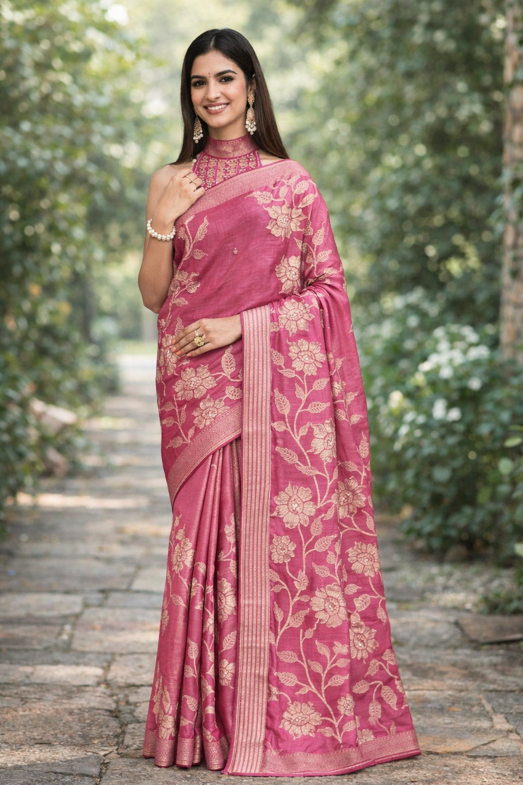 Shimmering Floral Georgette Saree with Striped Pallu
