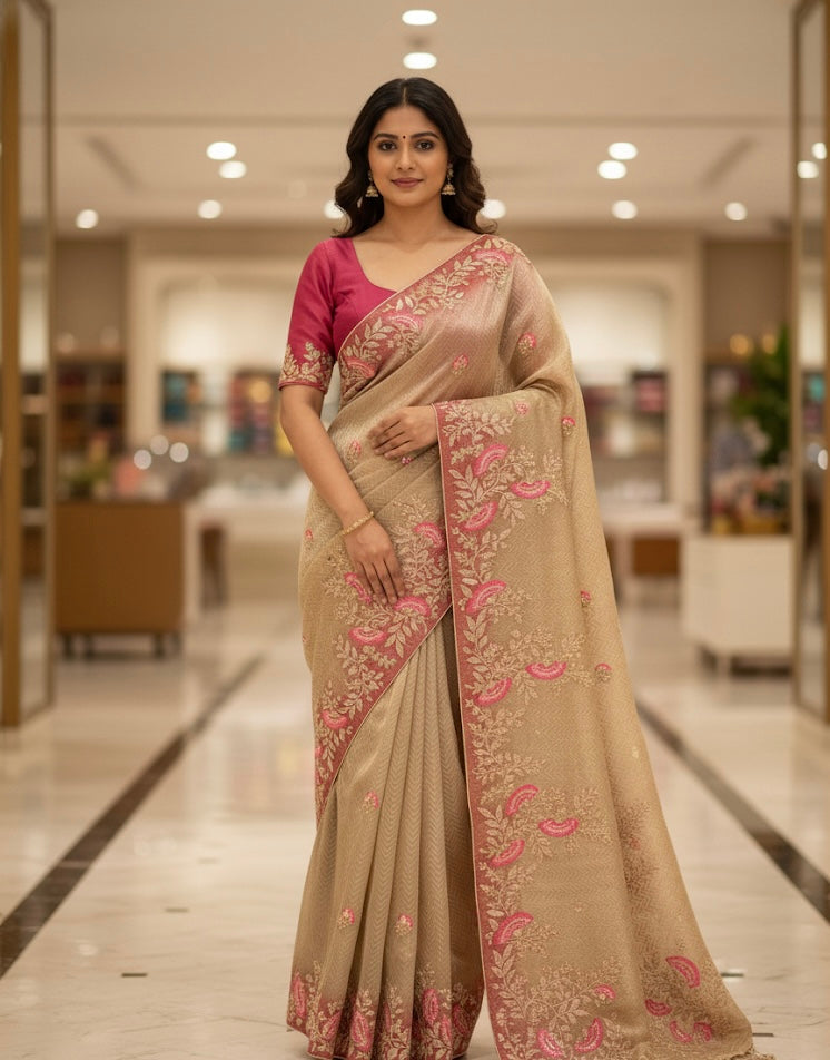 Beige Silk Saree with Pink Thread & Zari Floral Embroidery
