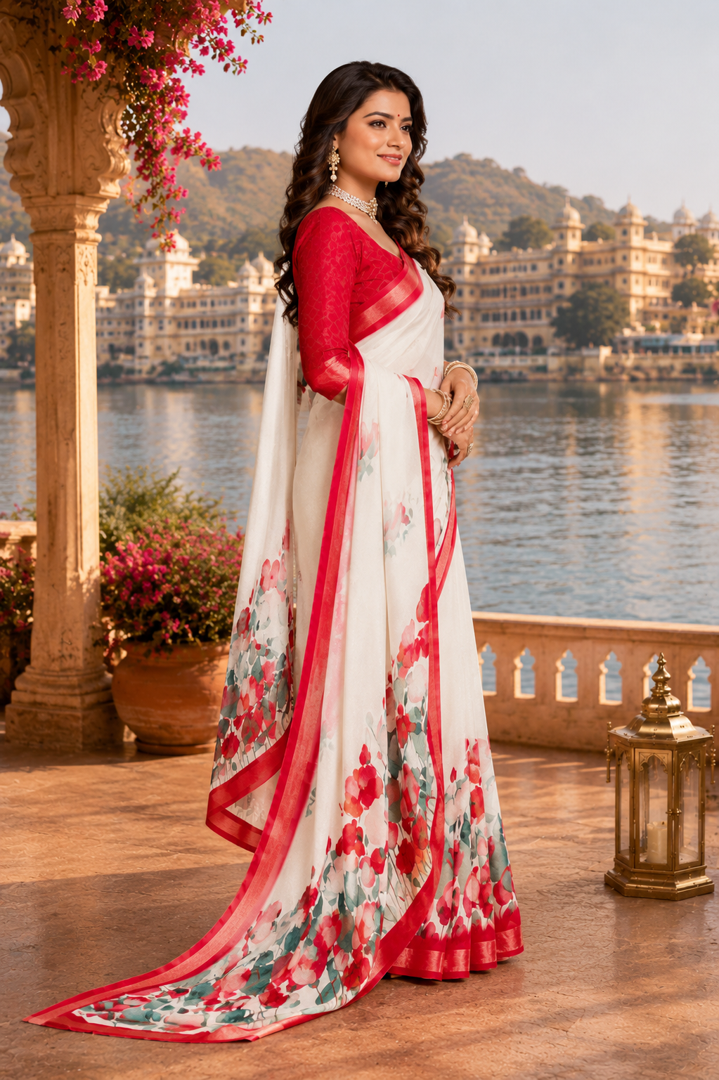 Ivory Scarlet Blossom Saree