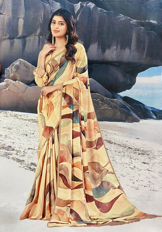 Soft Geometric Print Saree in Muted Earth Tones