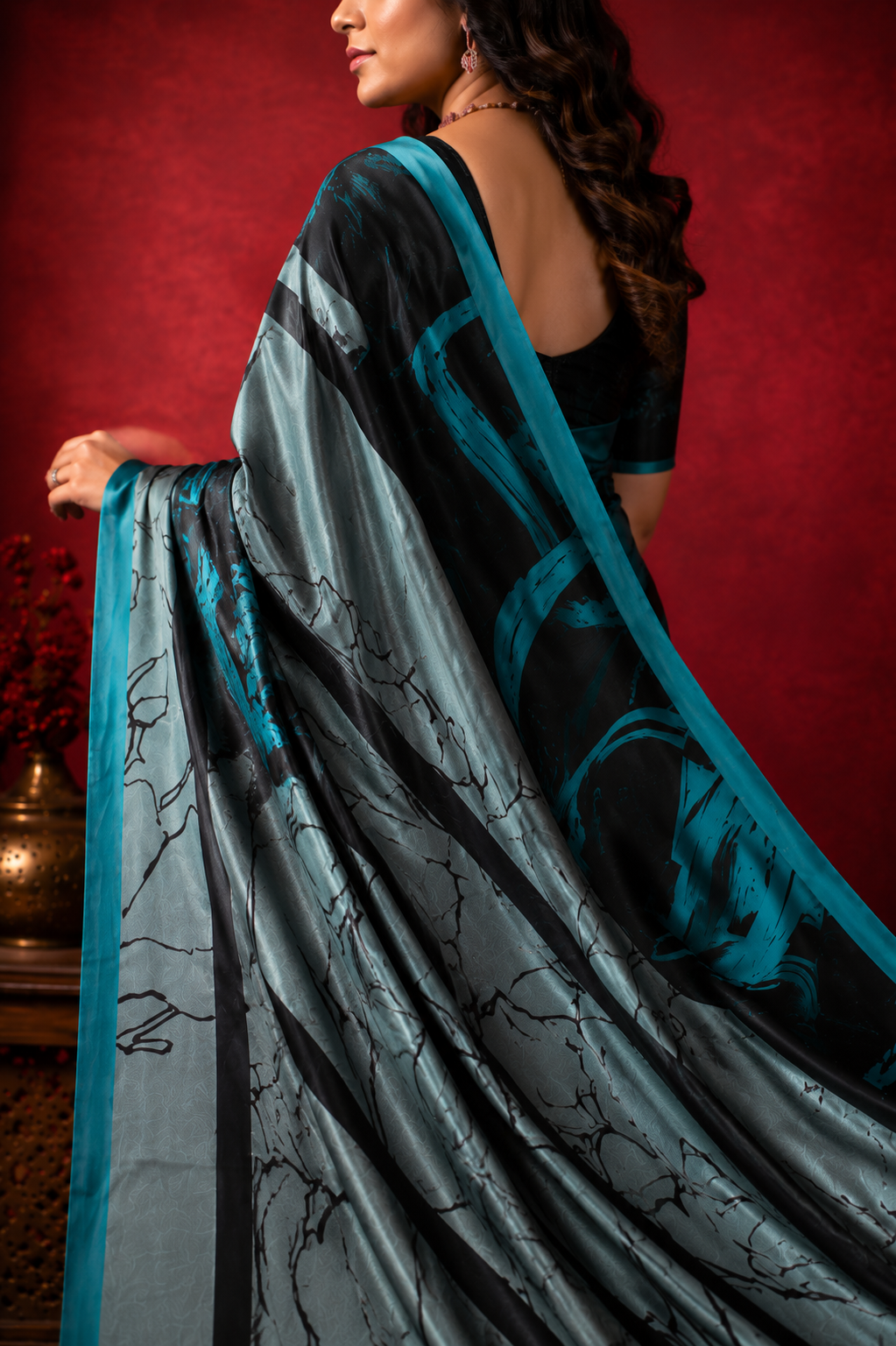 Midnight Mirage Satin Saree