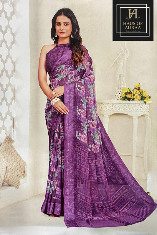 Royal Purple Floral Printed Saree