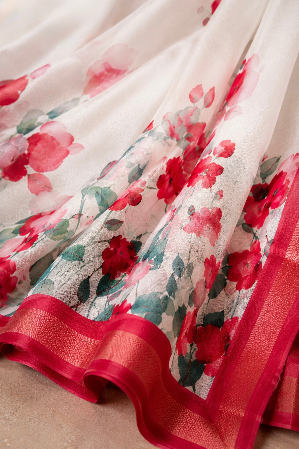 Ivory Scarlet Blossom Saree