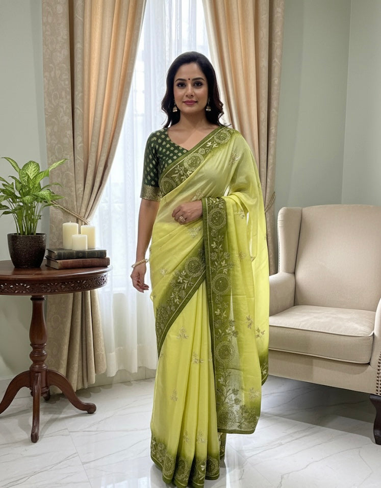 Lime Green Silk Saree with Contrast Olive Border & Floral Motifs