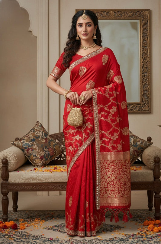 Red Silk Saree with Golden Zari Embroidery & Mirror Border