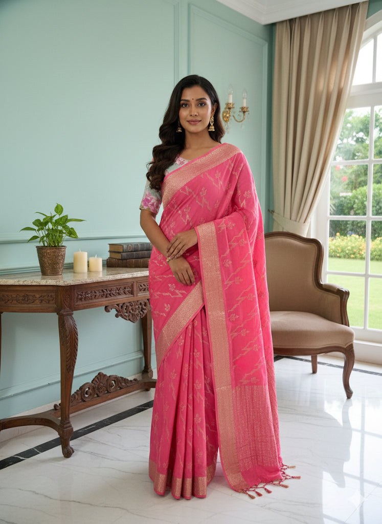 Rani Pink Woven Silk Saree with Golden Zari Border