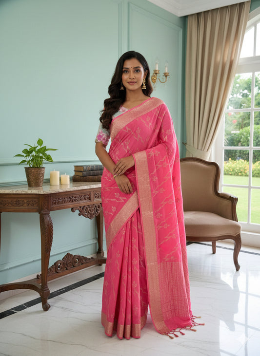 Rani Pink Woven Silk Saree with Golden Zari Border