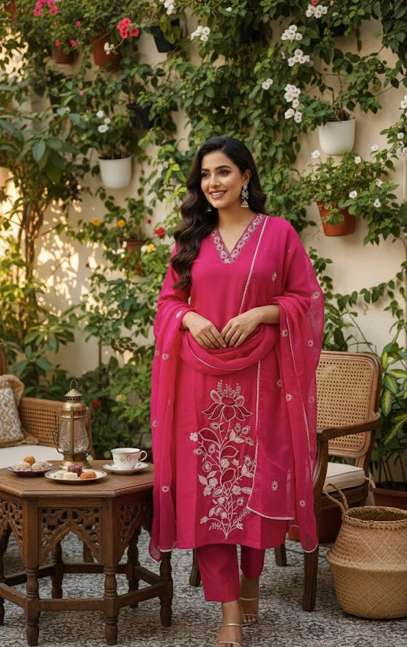 Hot Pink Floral Embroidered Kurta Set with Dupatta