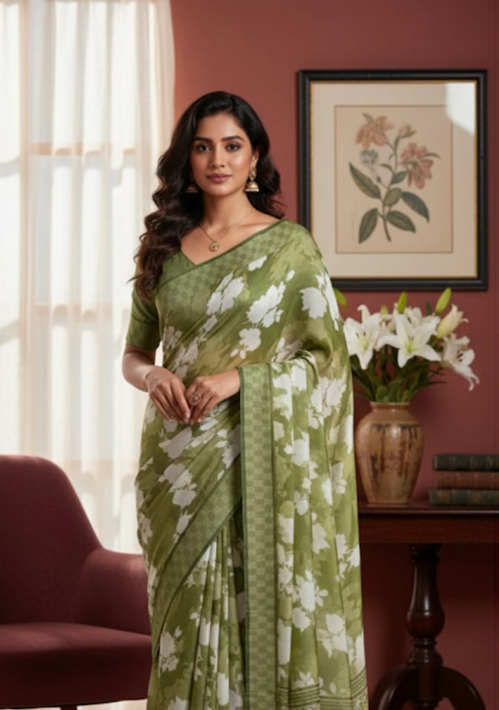 Olive Green Saree with White Floral Motifs & Checkered Border