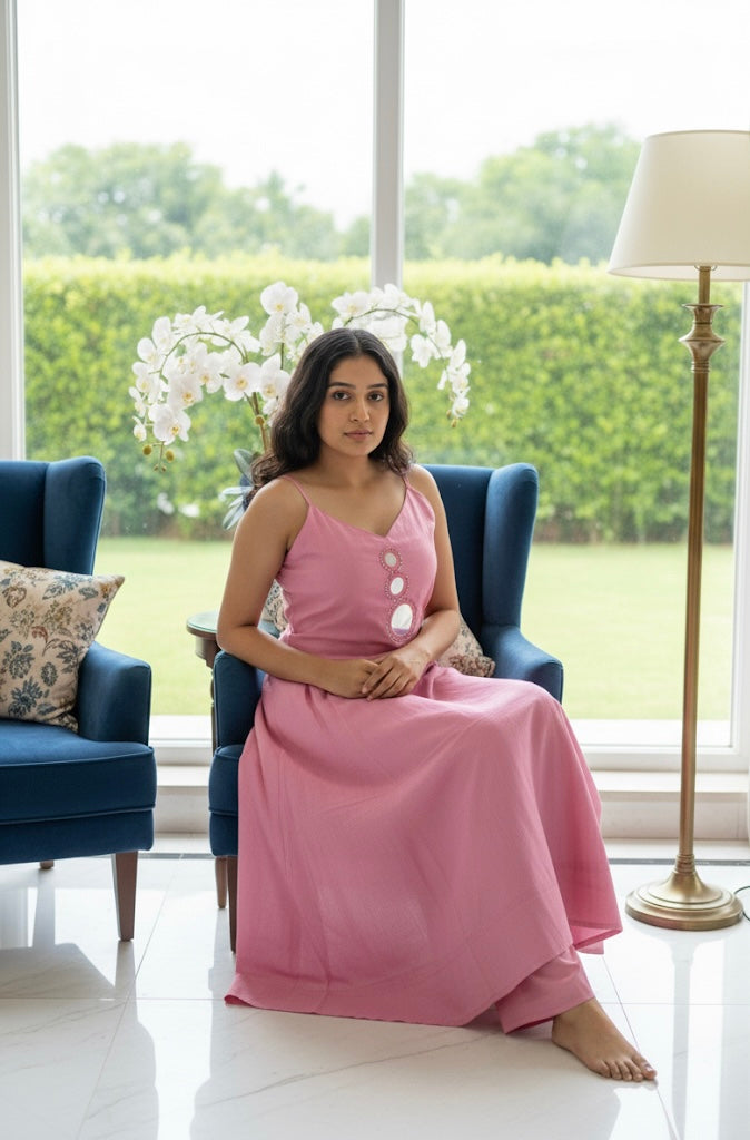 Blush Pink Strappy A-Line Kurta Set with Mirror Detailing