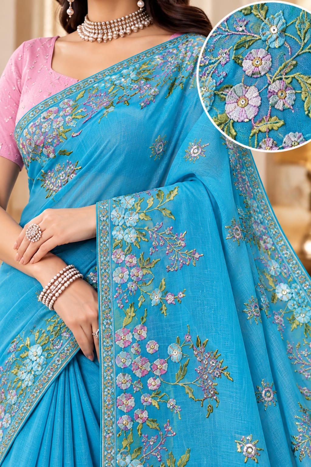 Azure Bloom Embroidered Elegance Saree