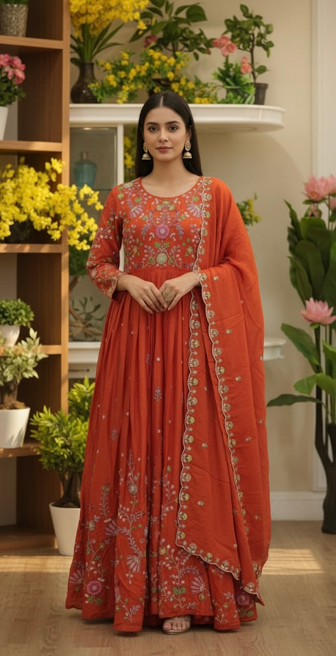 Burnt Orange Gota & Thread Embroidered Anarkali Set with Dupatta