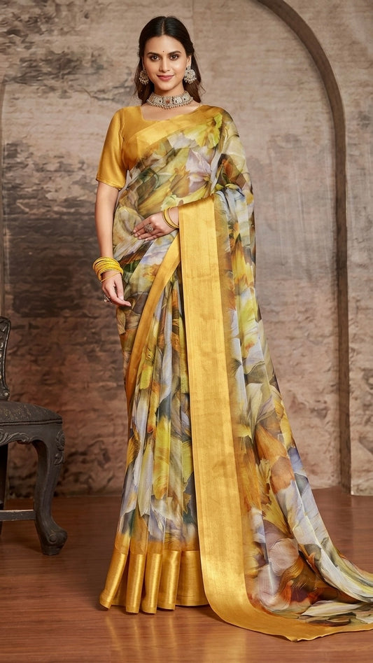 Sunlit Blossom Printed Linen Saree