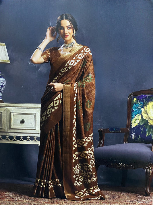 Rich Brown Banarasi-Style Saree with Golden Woven Patterns