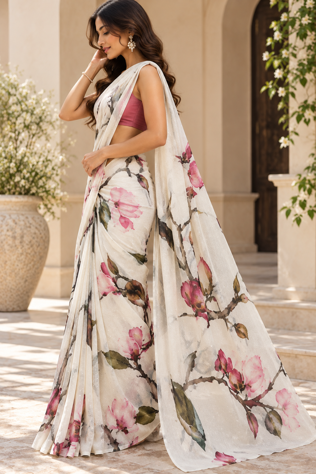 Ivory Blossom Printed Saree