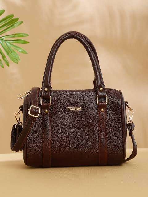 Dark Brown Genuine Leather Barrel Handbag