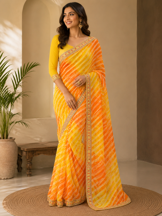 Embroidered Leheriya Soft Chiffon Saree
