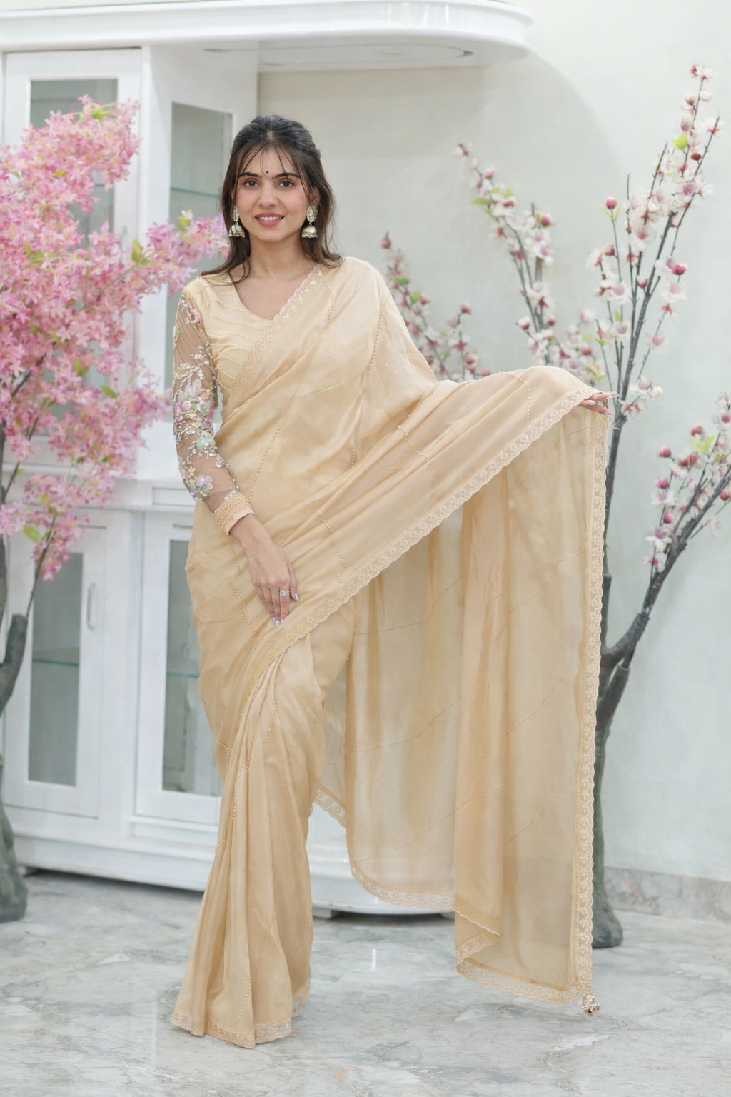 Midnight Bloom Taffeta Silk Saree with 3D Floral Net Blouse