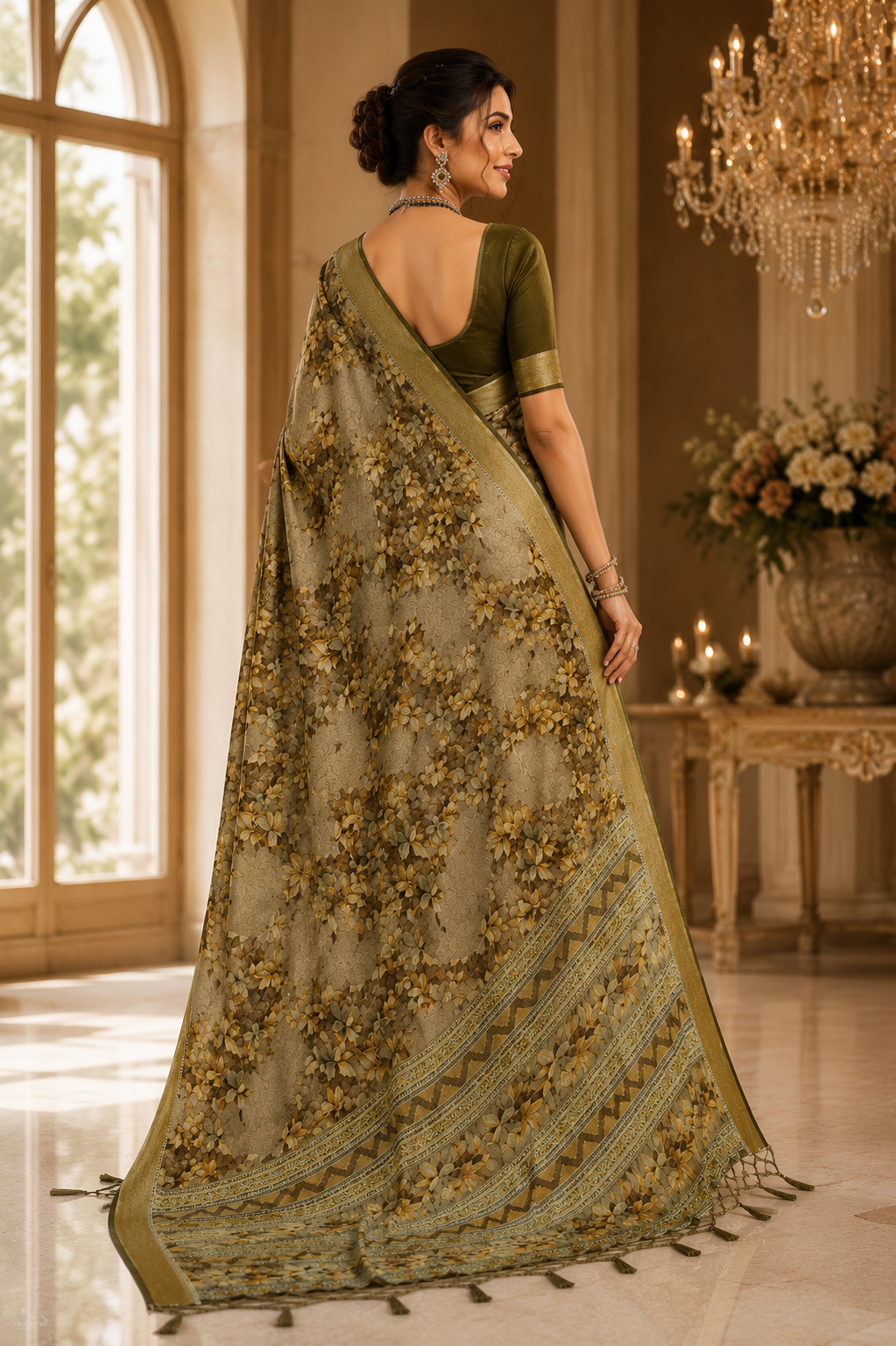 Olive Meadow Floral Printed Saree