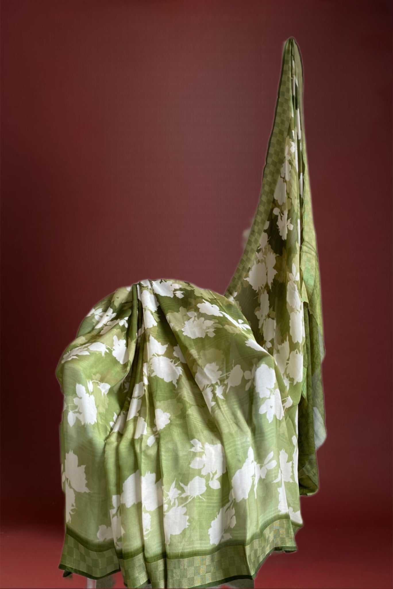 Olive Green Saree with White Floral Motifs & Checkered Border