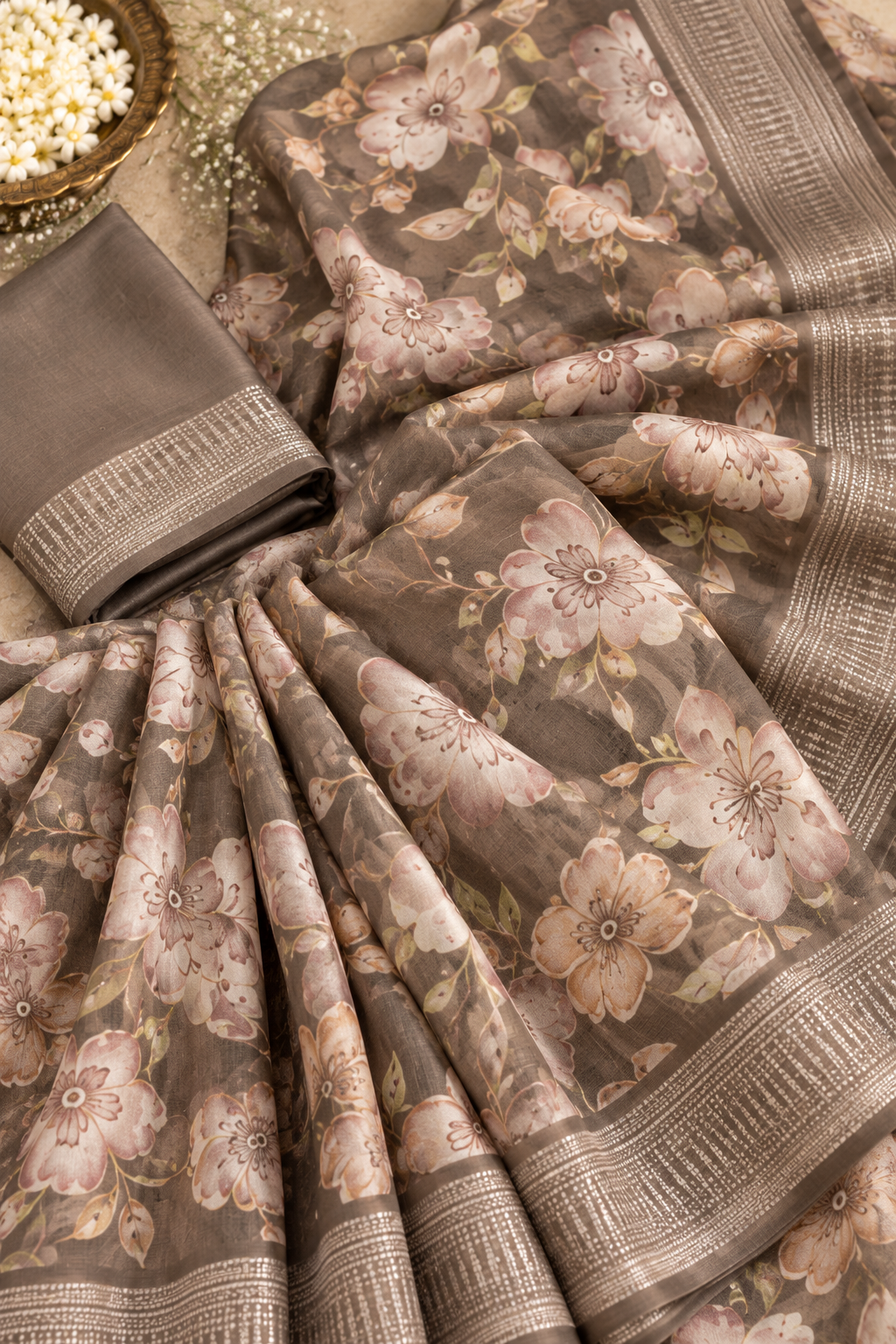 Mocha Blossom – Floral Grace Saree