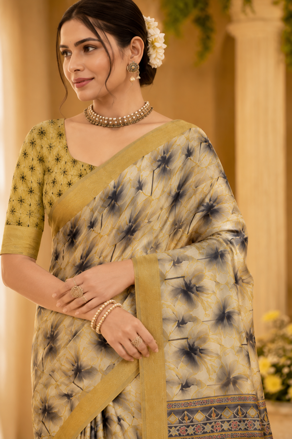 Golden Mist Floral Printed Linen Saree