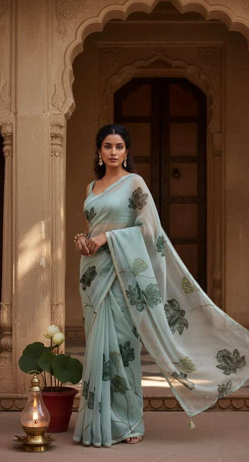 Seafoam Green Organza Saree with Lotus Motifs