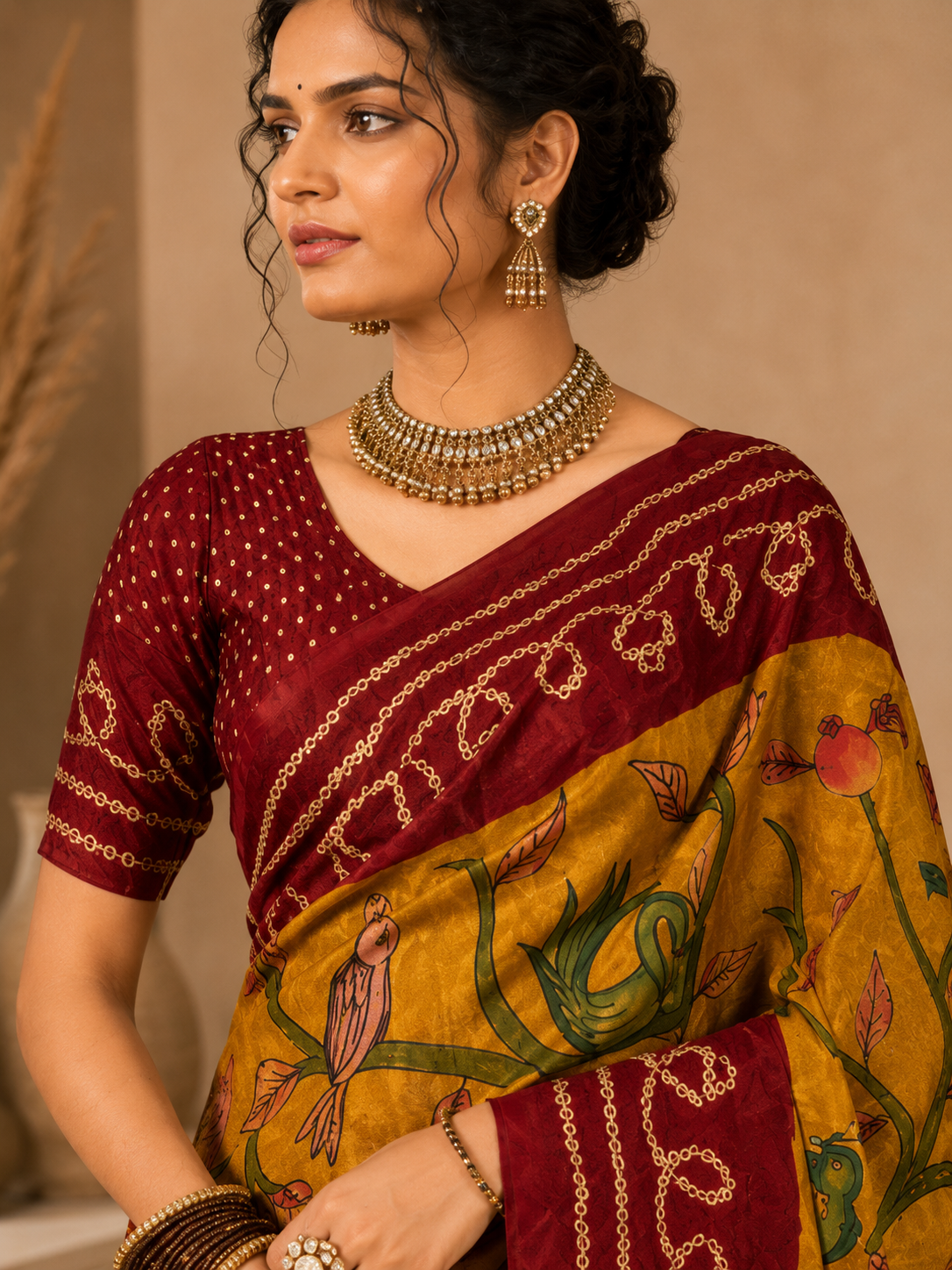 Mustard Maroon Folk Art Saree