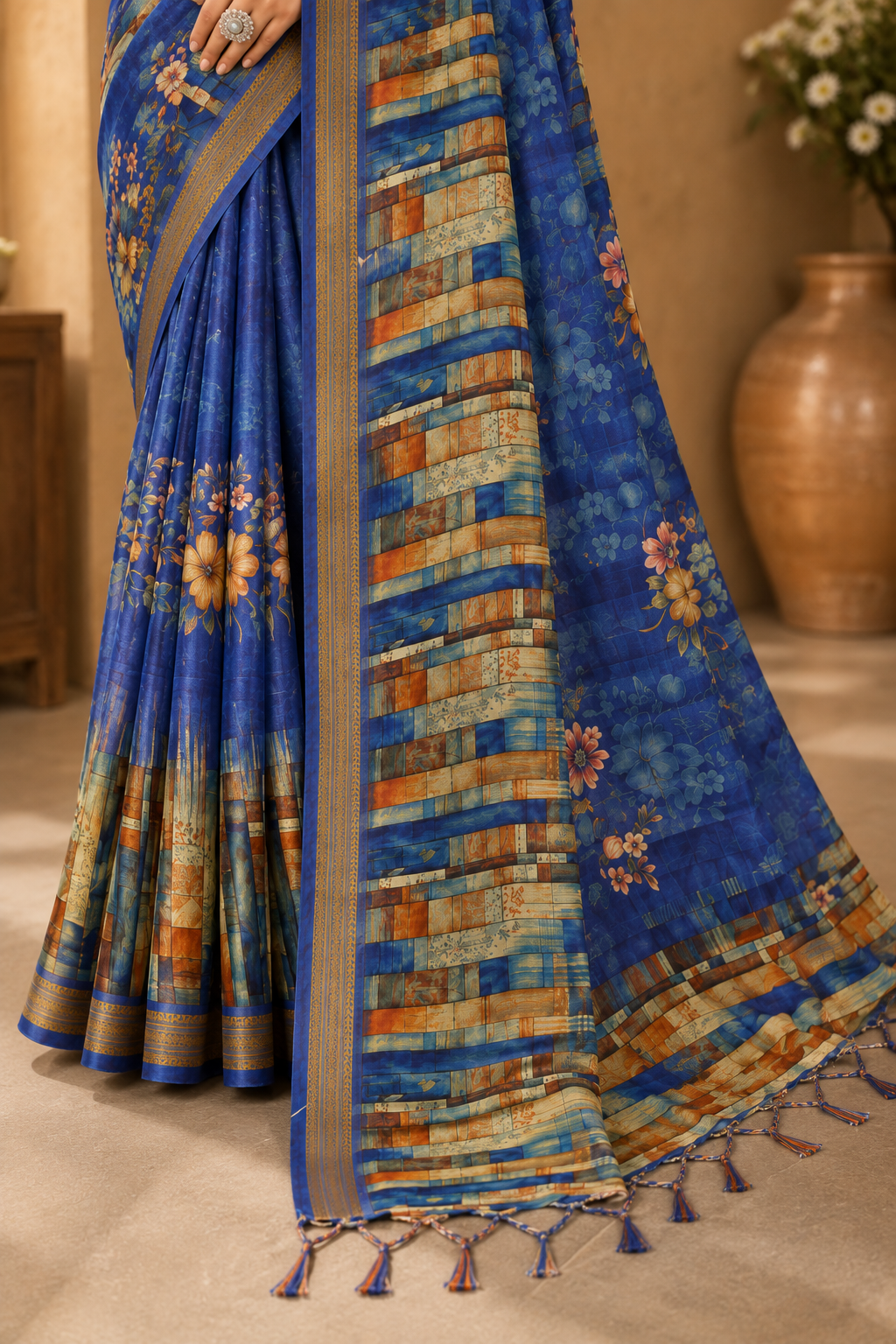 Royal Azure Floral Printed Linen Saree