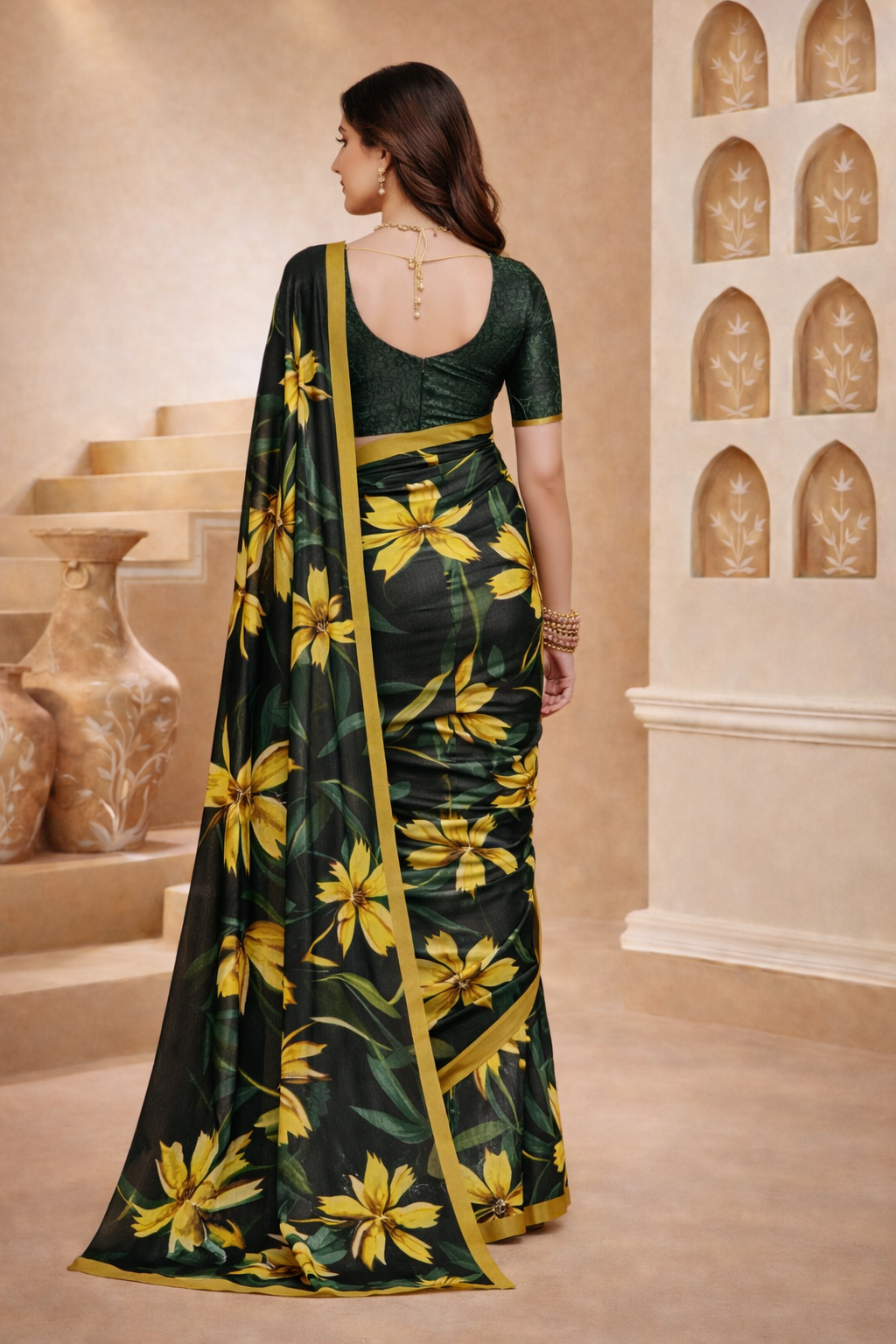 Green & Mustard Yellow Floral Printed Saree in Soft Georgette Finish