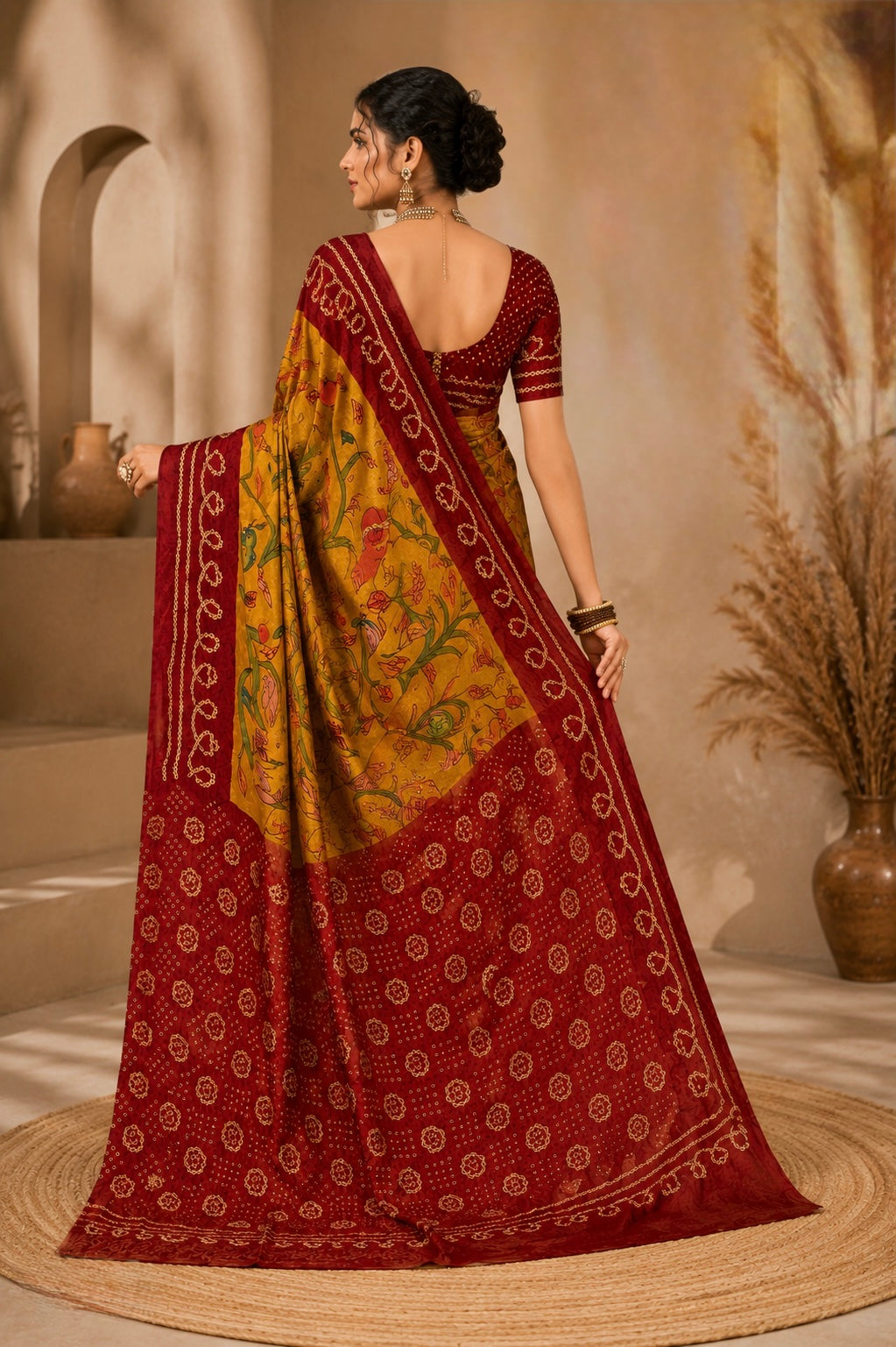 Mustard Maroon Folk Art Saree