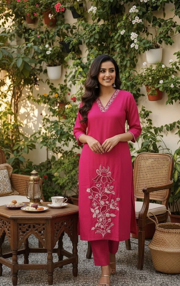 Hot Pink Floral Embroidered Kurta Set with Dupatta