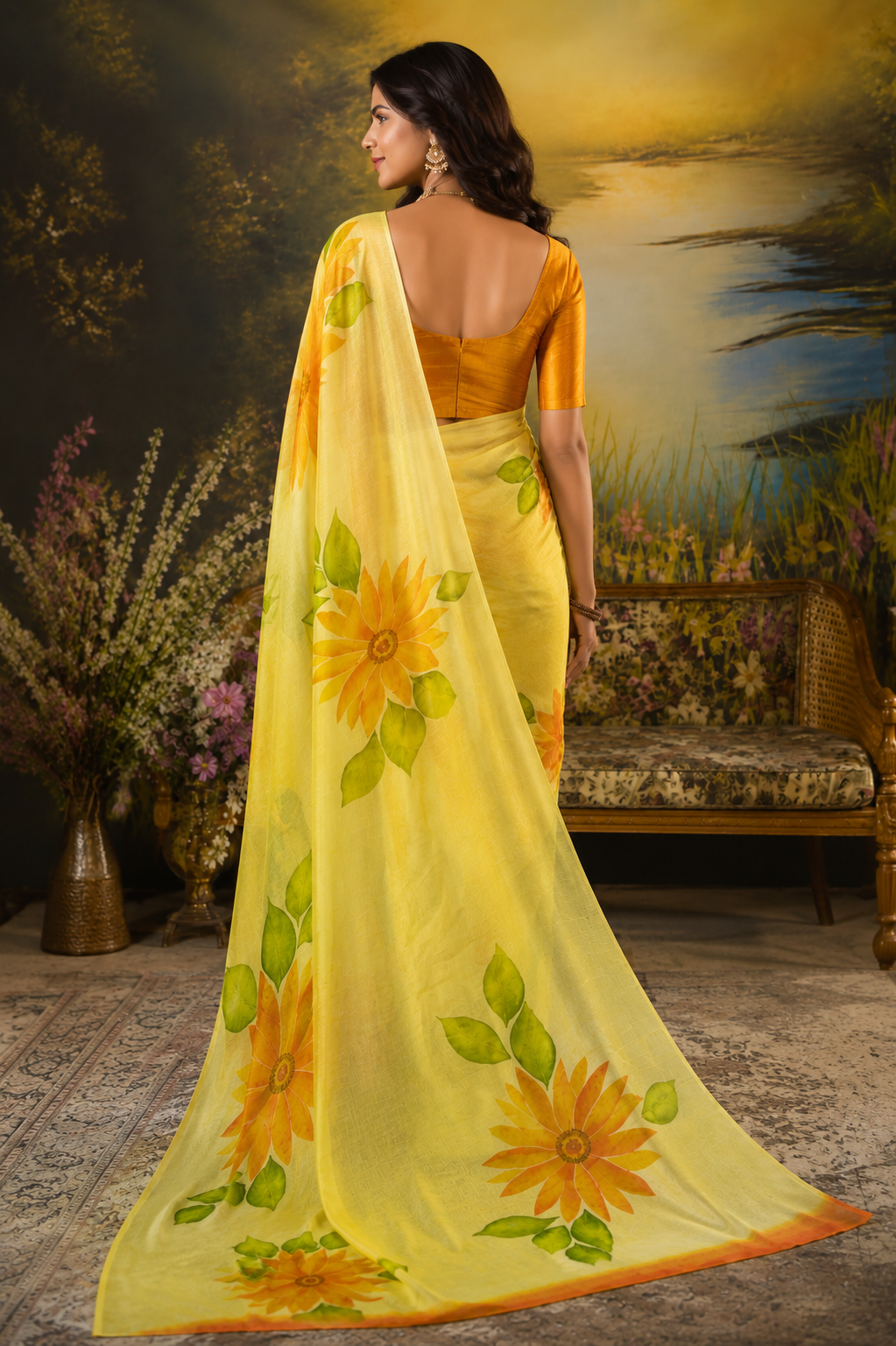 Sunflower Bloom Printed Linen Saree