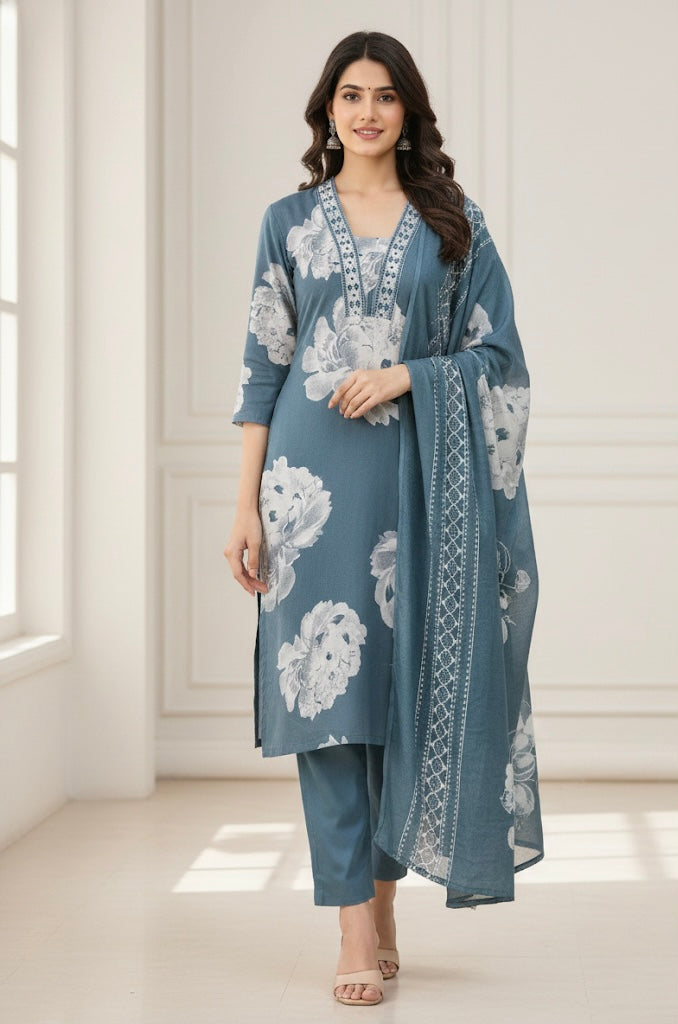 Slate Blue Floral Printed Kurta Set with Dupatta