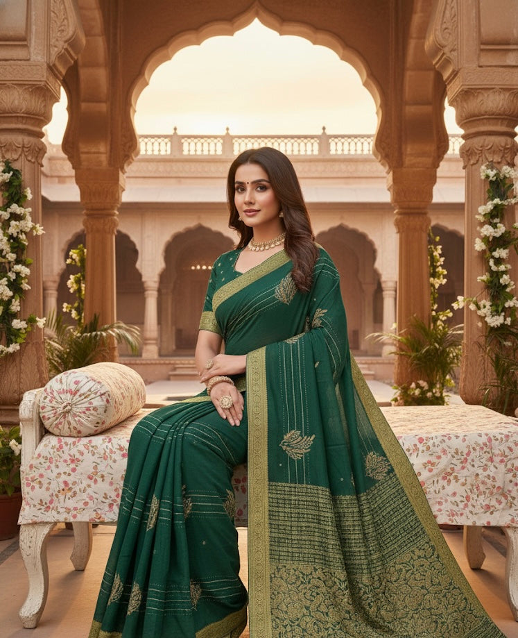 Emerald Green Woven Silk Saree with Antique Gold Motifs