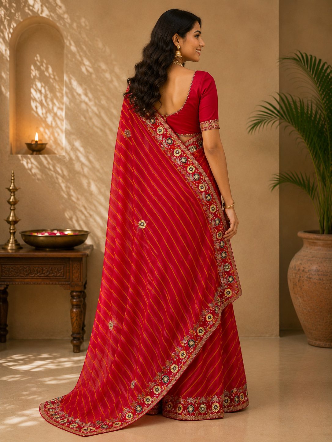 Embroidered Leheriya Soft Chiffon Saree