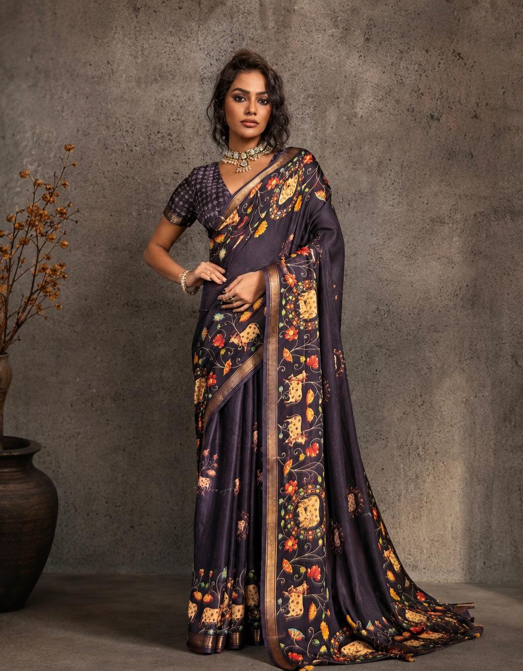 Midnight Folk Art Saree