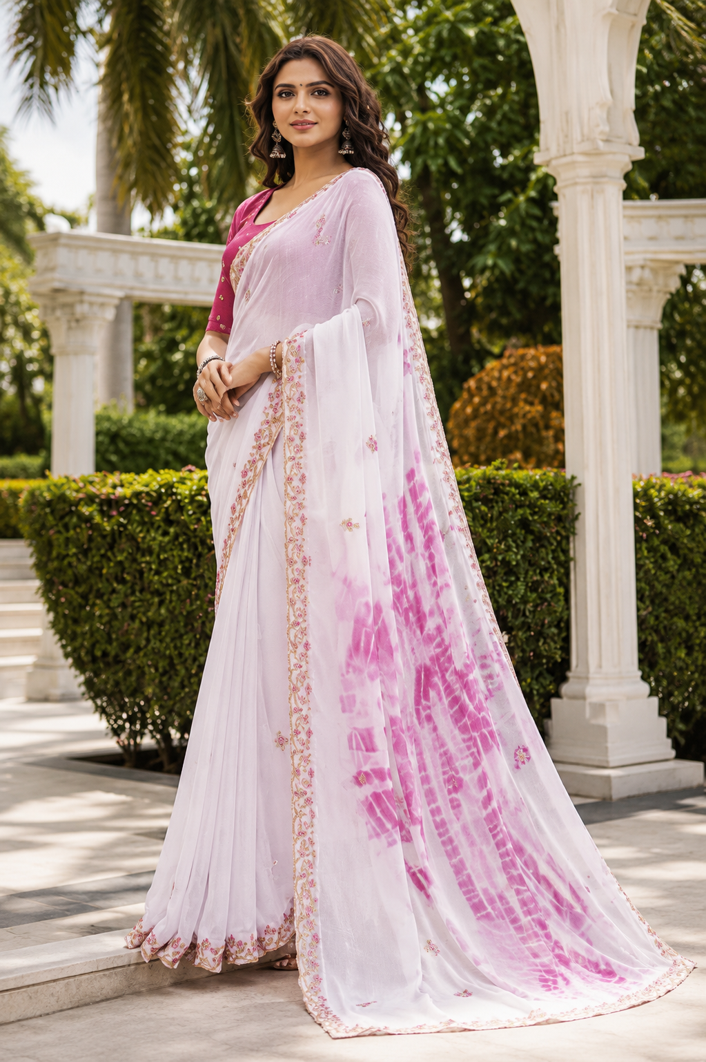 Embroidered Tie-Dye Chiffon Saree