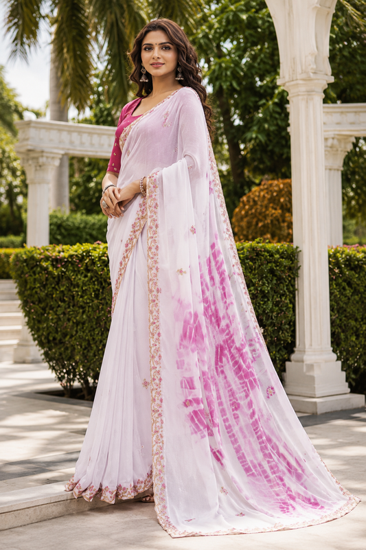 Embroidered Tie-Dye Chiffon Saree